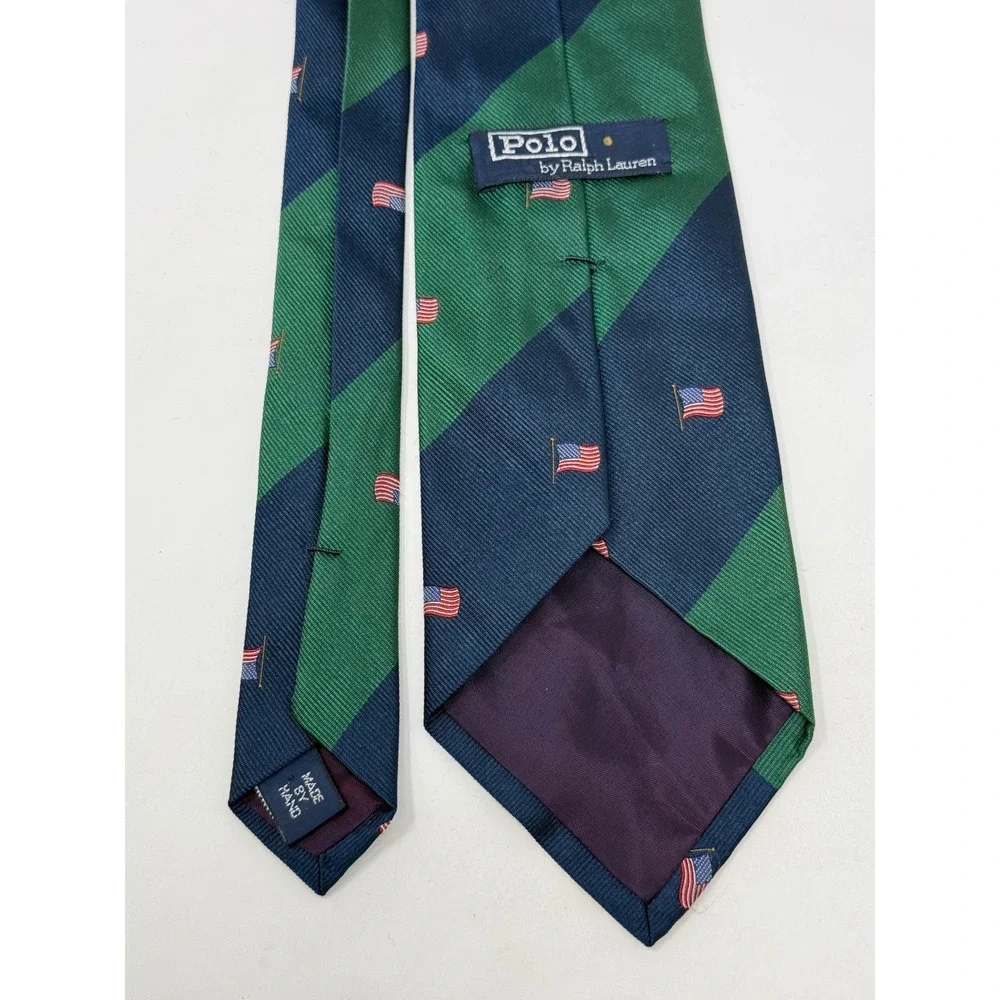 Polo Ralph Lauren Silk Tie Navy Green Stripe American Flag‎ Handmade Made in USA